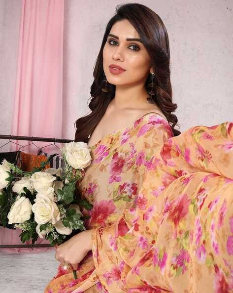 Peach Coloured Floral Print Chiffon Saree