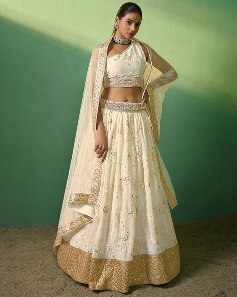 Off white net sequin lehenga choli online 87011