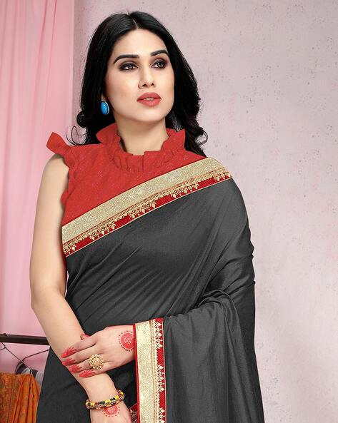 Vruta Fashion Women Solid Plain Georgette Saree Rangoli Silk With Running  Blouse - Black : Amazon.in: Fashion