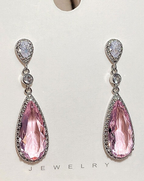 Carved Pink Tourmaline and Diamond Drop Earrings