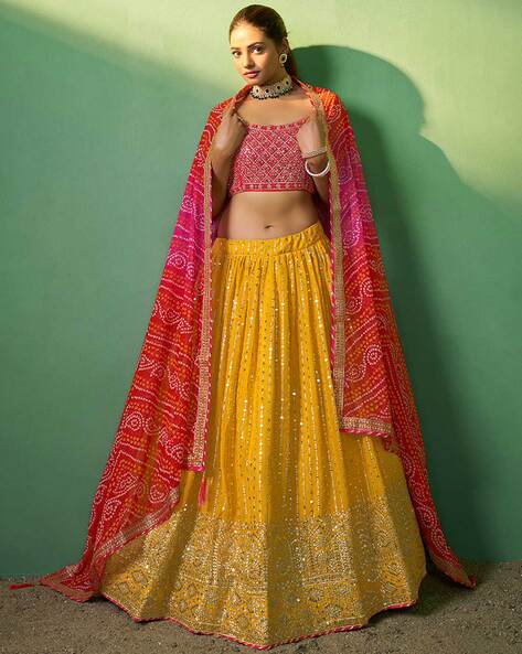 Buy Babyhug Sleeveless Ombray Embroidered Pleated Choli Lehenga Set With  Dupatta Red & Mustard for Girls (2-3Years) Online in India, Shop at  FirstCry.com - 14526041