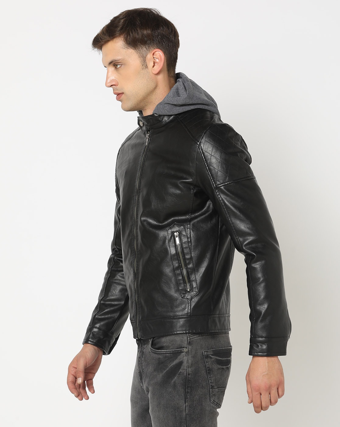 Men'S Hoodie Style Black Leather Jacket