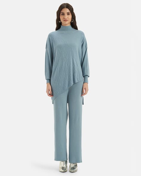 Women High-Neck Pullover with Asymmetric Hem