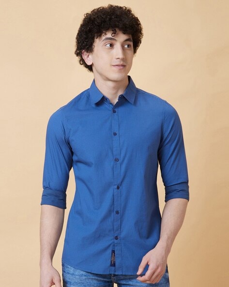 Buy BEING HUMAN Blue Solid Cotton Slim Fit Mens Casual Shirt | Shoppers Stop