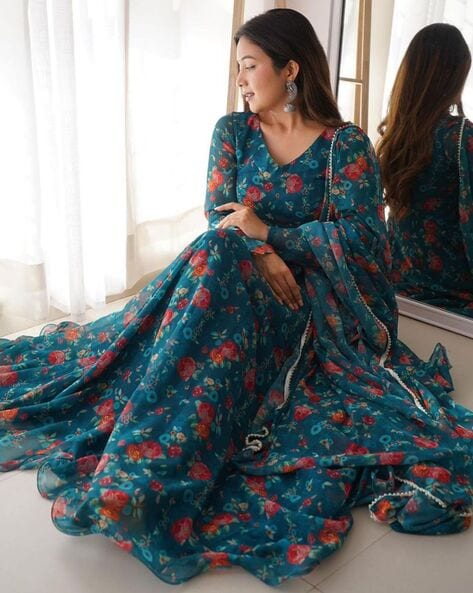Beautiful floral printed Silk Long Gown. Embellished with hand embroidery  on yoke. Light weig… | Indian gowns dresses, Floor length dresses indian,  Designer dresses