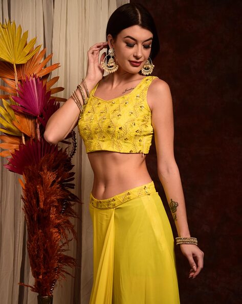 Buy Laalzari Women Embroidered Skirt-Suit Set, Yellow Color Women