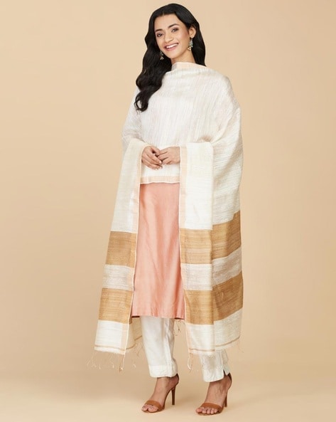 Women Woven Dupatta with Tassels Price in India