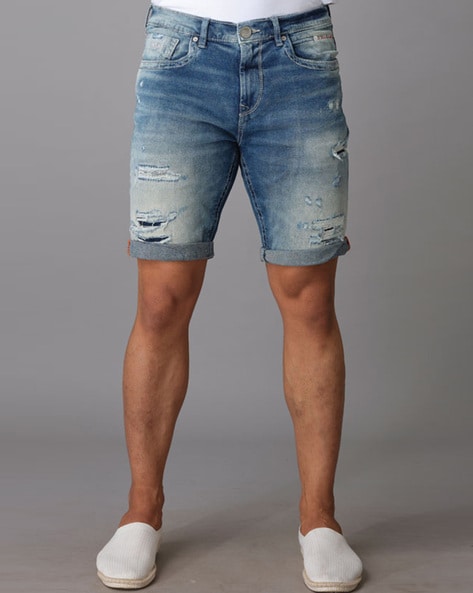 qcdyrxf Mens Slim Fit Denim Shorts Ripped Tailored Distressed Work Casual  Deep Blue Jeans Short at Amazon Men's Clothing store