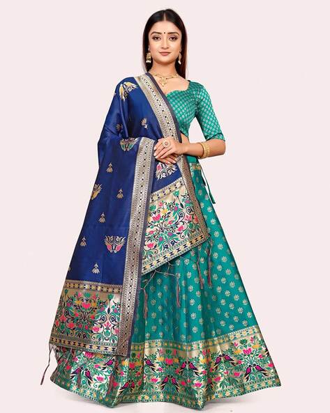 Blue And Rama Green Banarasi Semi-Stitched Lehenga in Synthetic – Khatri  Jamnadas Bechardas