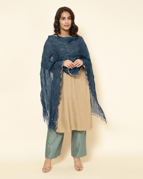 Women Ruched Dupatta with Tassels Price in India