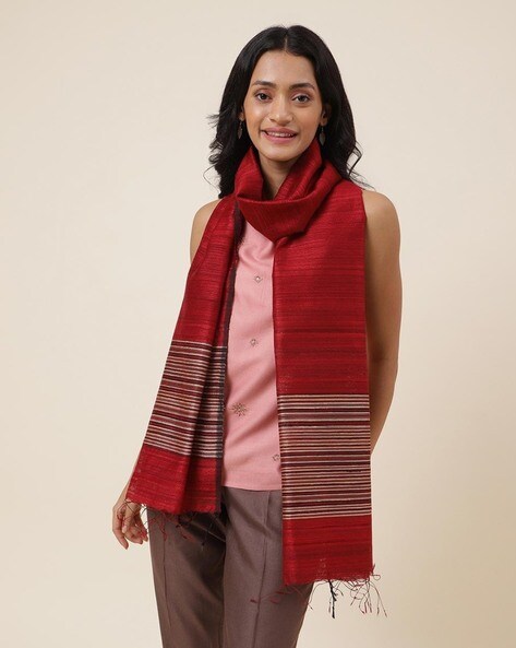 Women Striped Hand Woven Stole with Tassels Price in India