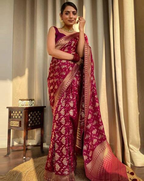 Wine Woven Banarasi Silk Saree