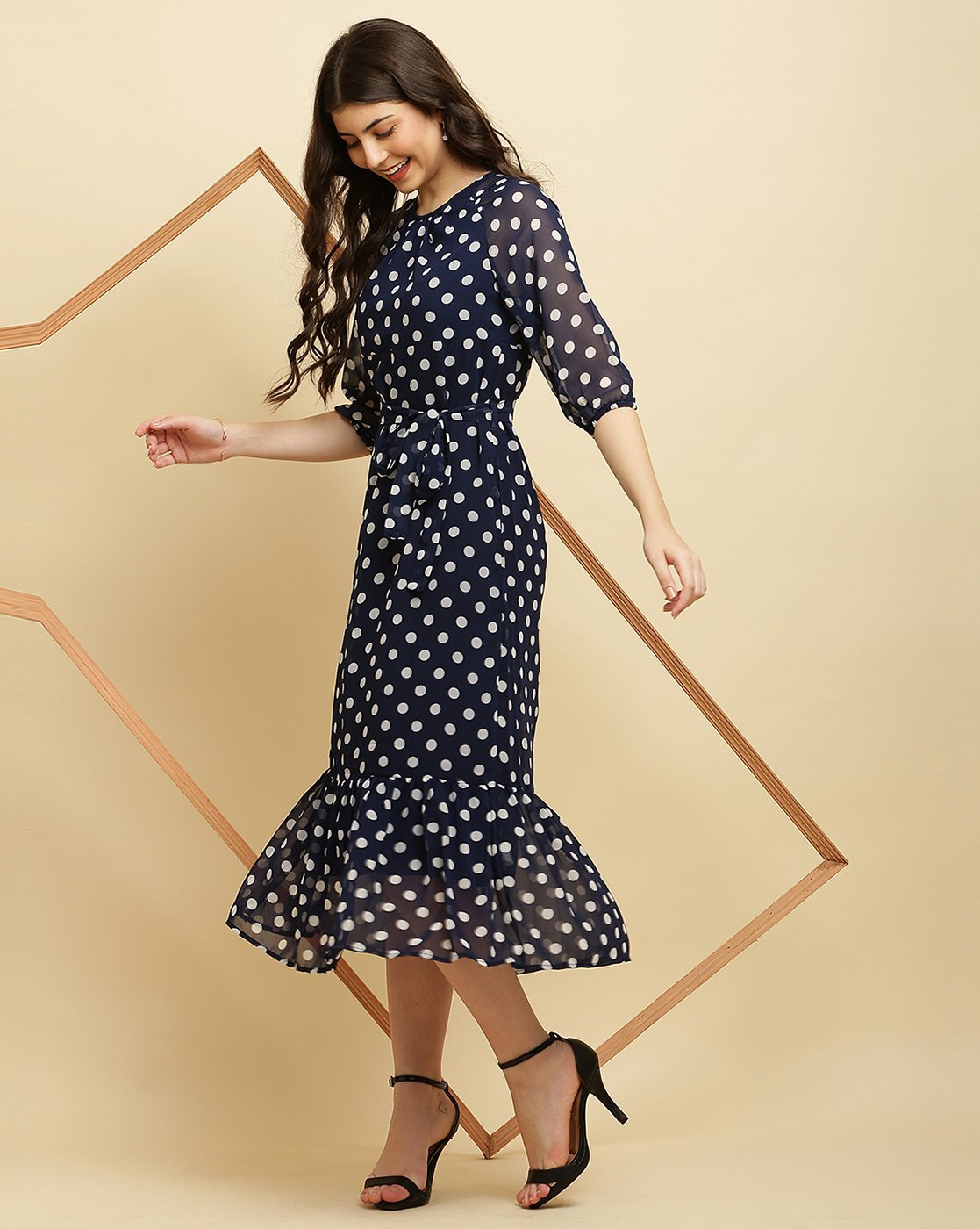 The Navy Round Neck Polka Dot Cutout Midi Dress - Round Neck Prom Summer  Solid Color Dresses - Navy - Dresses | RIHOAS