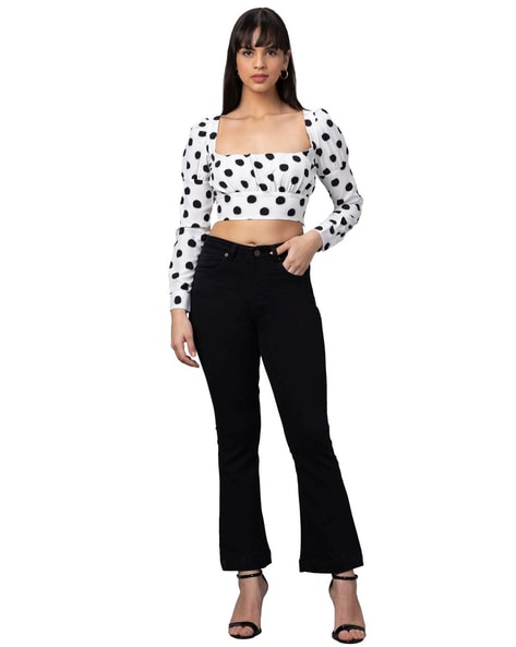 White Polka Dot Mesh Long Sleeve Crop Top –