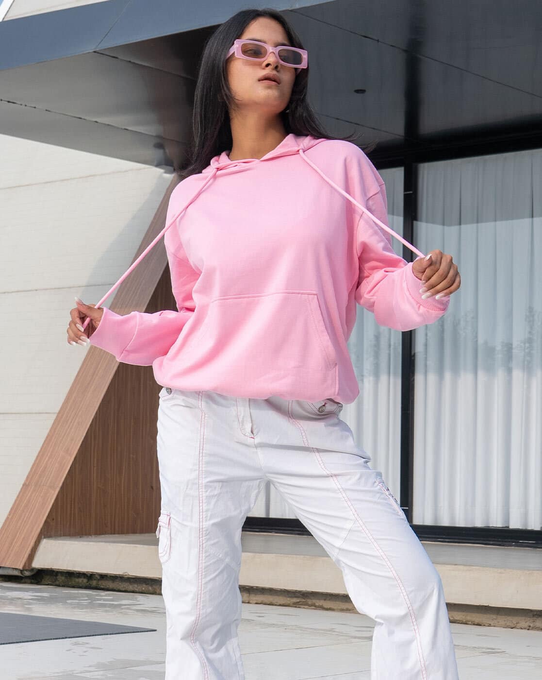 ETCYY Women's Color Block Hoodie - Long Sleeve Drawstring Pullover With Pocket, Pink, Size XL - View #3