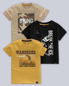 codez Pack of 3 Boys Typographic Print Regular Fit Crew-Neck T-Shirts-picture-21