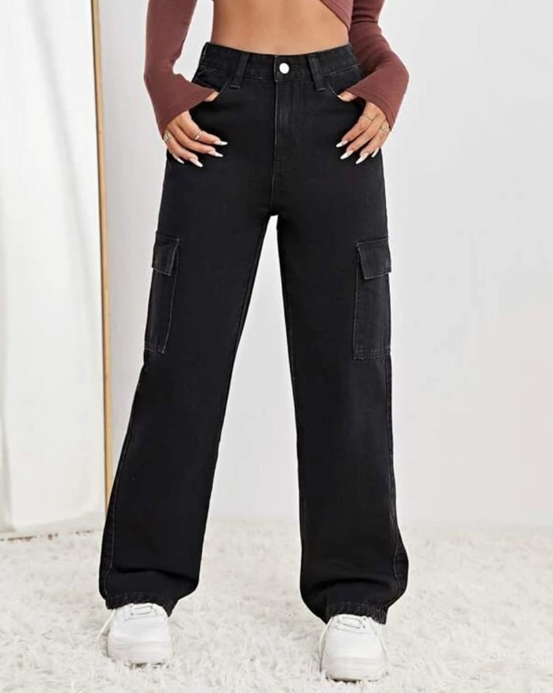 Broadstar Women Black Wide Leg Loose Fit Cargos Trousers(TR3_8047)