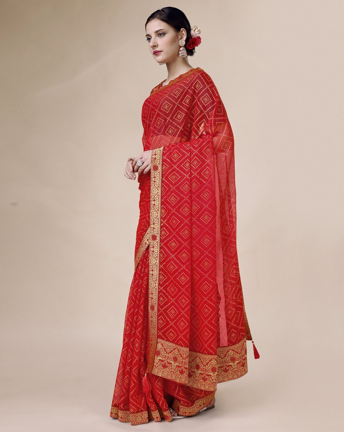 Buy Red saree in silk with leaf motif printed patch work Online - Kalki  Fashion