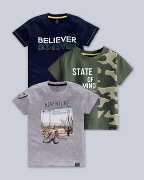 codez Pack of 3 Boys Typographic Print Regular Fit Crew-Neck T-Shirts-picture-16