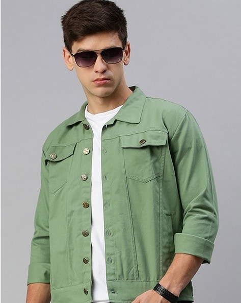 Dark green denim jacket for men