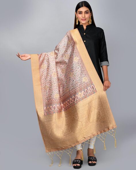 Women Floral Woven Dupatta with Tassles Price in India