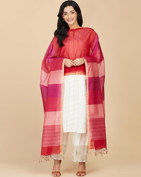 Women Striped Handwoven Dupatta with Tassels Price in India