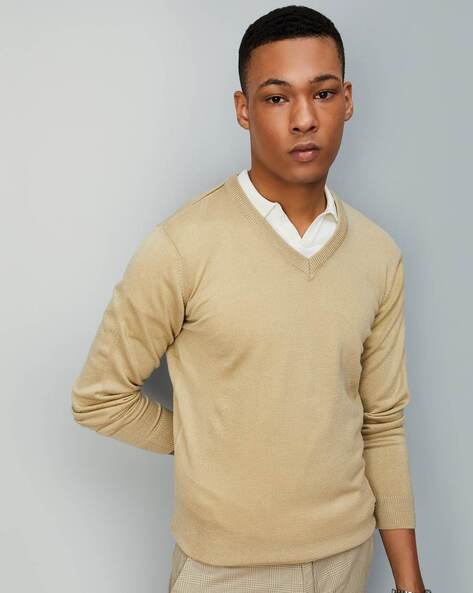 Cream v neck fashion sweater mens