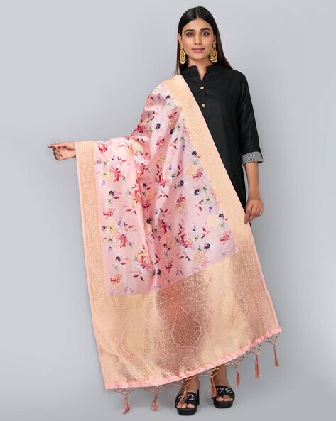 Women Floral Woven Dupatta with Contrast Border Price in India