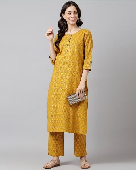 Mustard Rayon Printed Kurta with Palazzo | DIYA TREND-1007 | Cilory.com