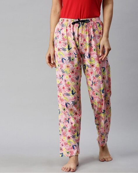 Women's Floral Printed Elastic Waistband Pajama Pants with Drawstring - Pink