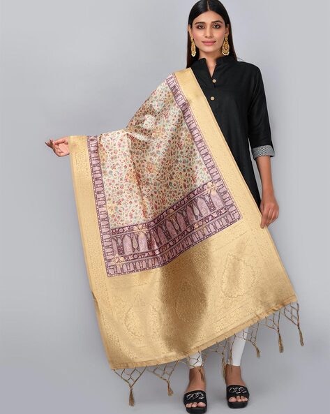 Women Floral Woven Dupatta with Contrast Border Price in India
