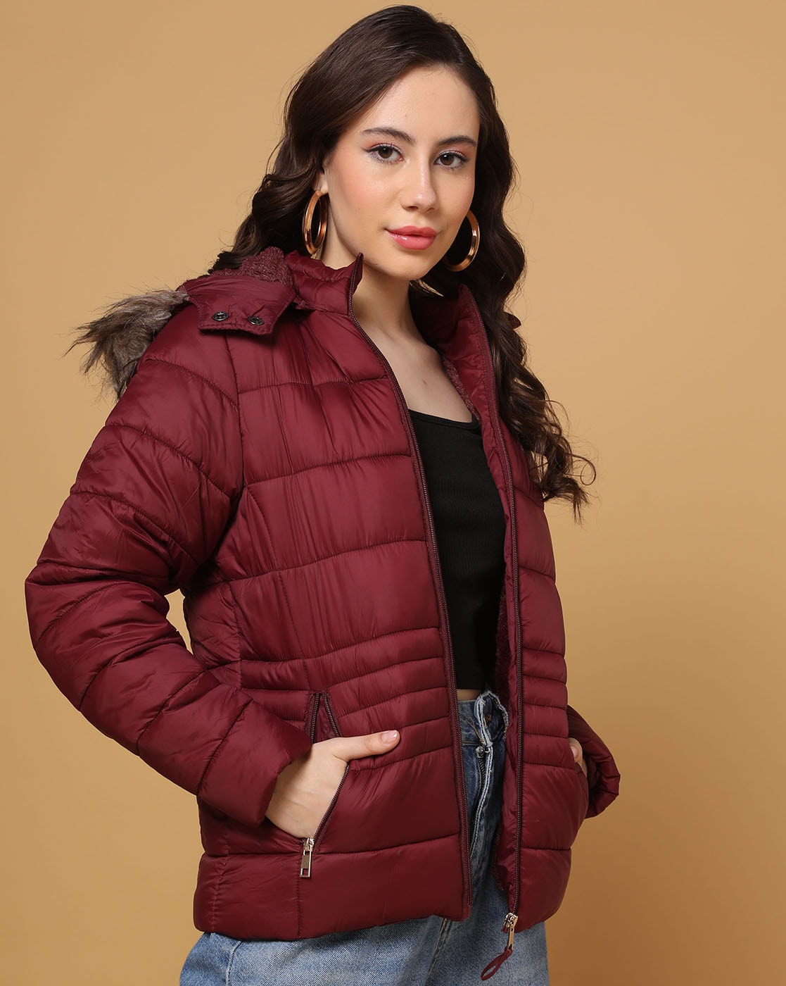 Maroon puffer cheap jacket women's