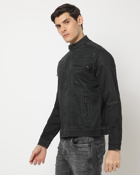 $24, Asos Denim Jacket With Faux Leather Sleeve | Leather sleeve jacket,  Navy denim jacket, Denim jacket men