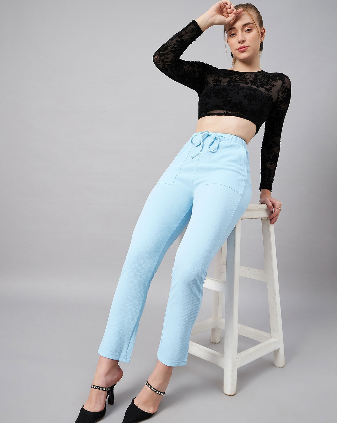 Women Tapered Fit Pants with Elasticated Drawstring Waist