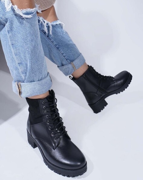 Buy SHUZ TOUCH Black Lace Up High Ankle Boots Online