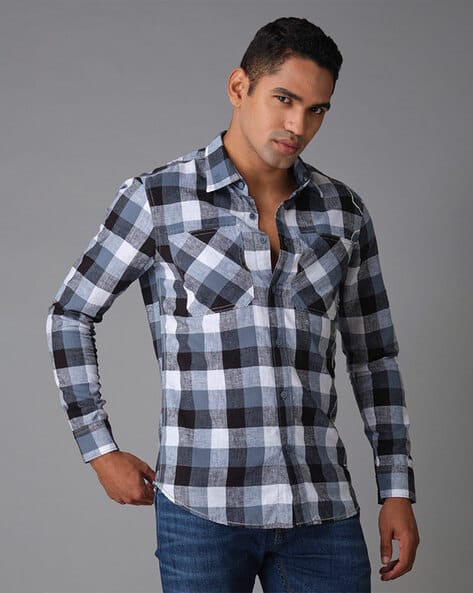 Men Slim Fit Checked Shirt with Patch Pocket