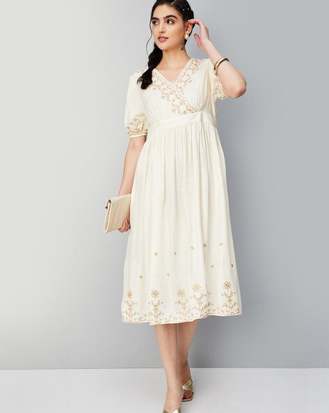Women Embroidered A-Line Dress with V-Neck