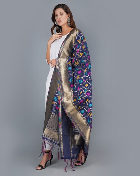 Women Floral Woven Art Silk Banarasi Dupatta Price in India
