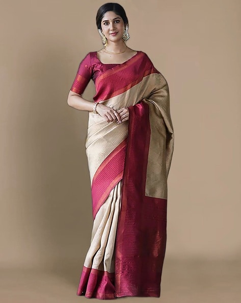 Beige Saree in Georgette With Heavy Embroidery And Maroon Bl