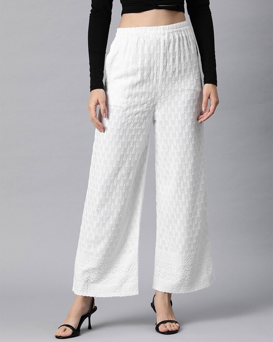 Ethnic Girls Full Chikankari White Cotton Palazzo Pants | Ethnic Girls