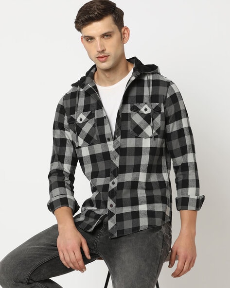 Men Checked Slim Fit Hooded Shirt