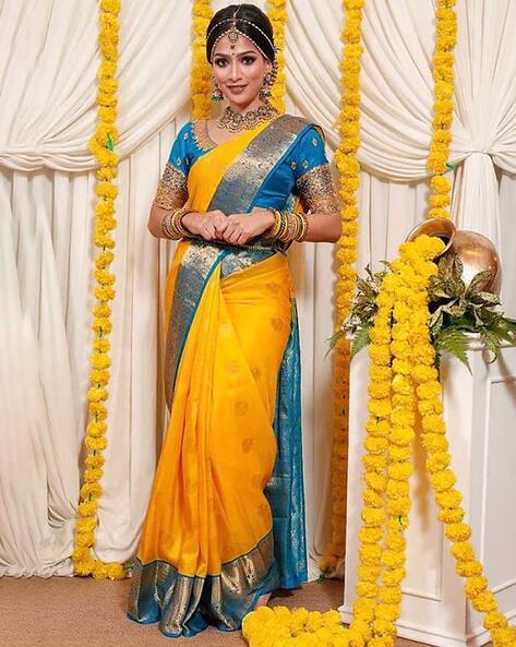 Buy Navy Blue nd yellow combination designer saree with blouse piece at  Amazon.in