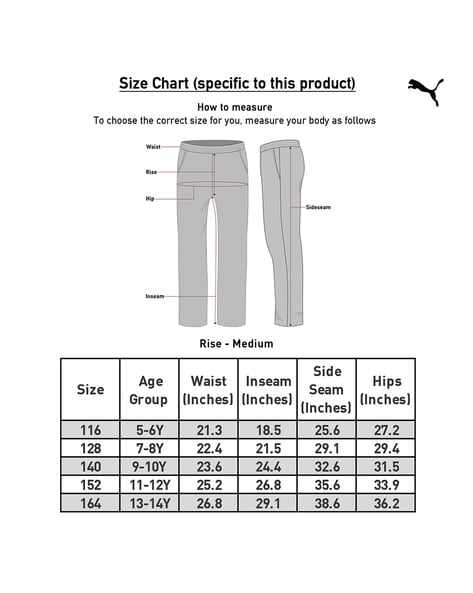 Puma joggers hotsell size chart