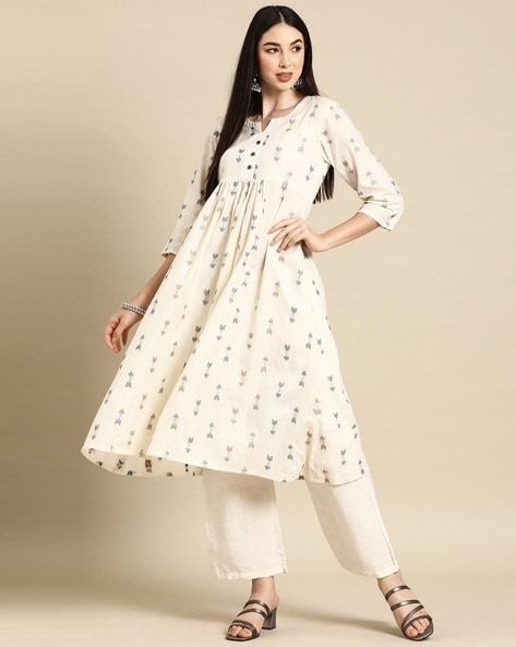 Off White Cotton Kalidar Kurta Set For Women