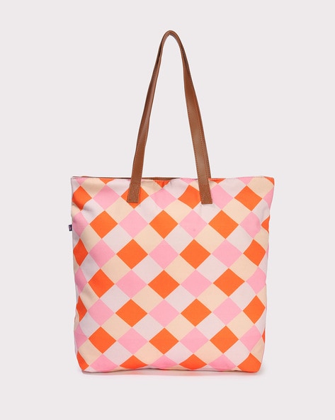 Geometric Pattern Shoulder Tote Bag Double Handle Neon Pink Funky