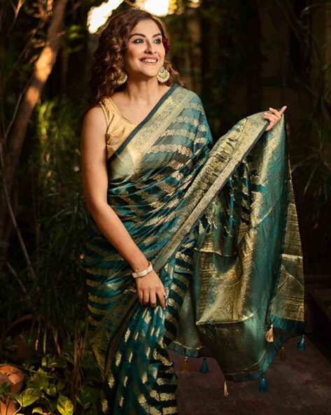 Buy Dark Green Organza Silk Embroidery Work Saree With Blouse