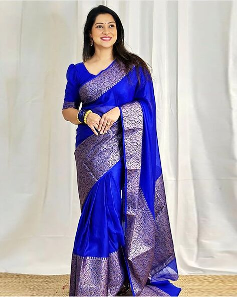 Shop Online Navy Blue Borderless Muga Banarasi Saree with Big Buta – Pure  Elegance