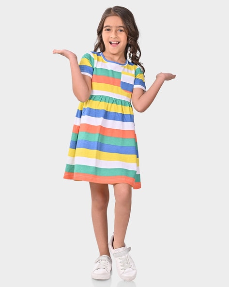 Girls Rainbow Striped Cotton Dress