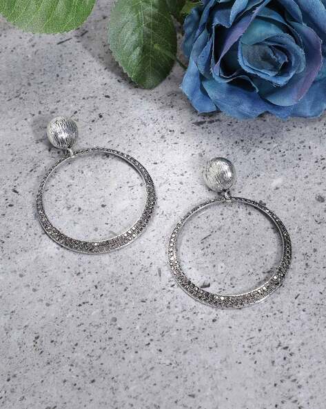Sohi Women Silver-Plated Stone-Studded Drop Earrings