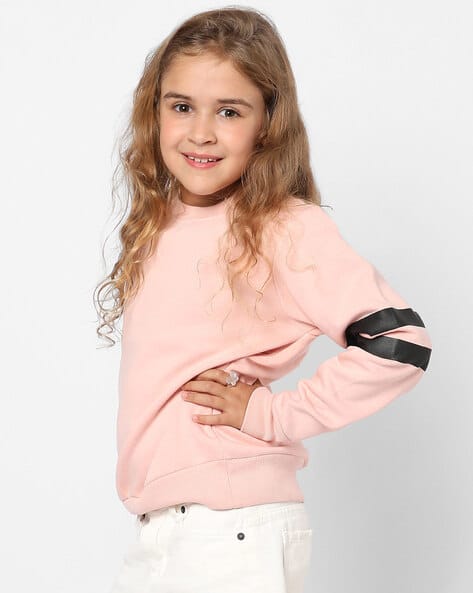 Instafab Girls Crew-Neck Sweatshirt with Striped Detail